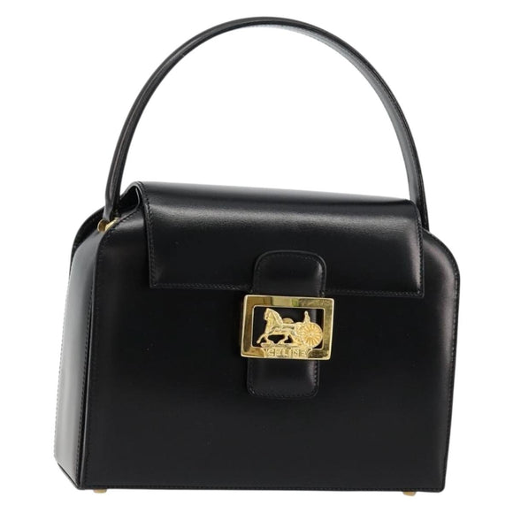 CELINE Horse Carriage Hand Bag Leather Black Gold Auth 179139