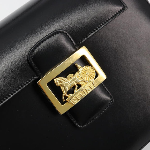 CELINE Horse Carriage Hand Bag Leather Black Gold Auth 179139