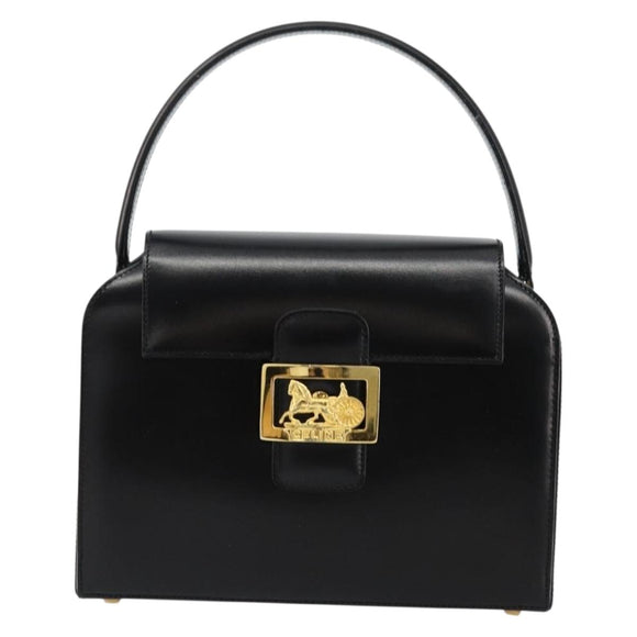 CELINE Horse Carriage Hand Bag Leather Black Gold Auth 179139
