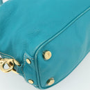 CELINE Hand Bag Leather Turquoise Blue Gold Auth 179140A-13