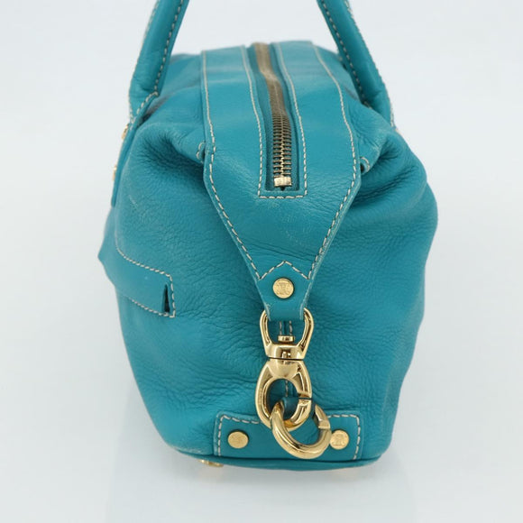 CELINE Hand Bag Leather Turquoise Blue Gold Auth 179140A