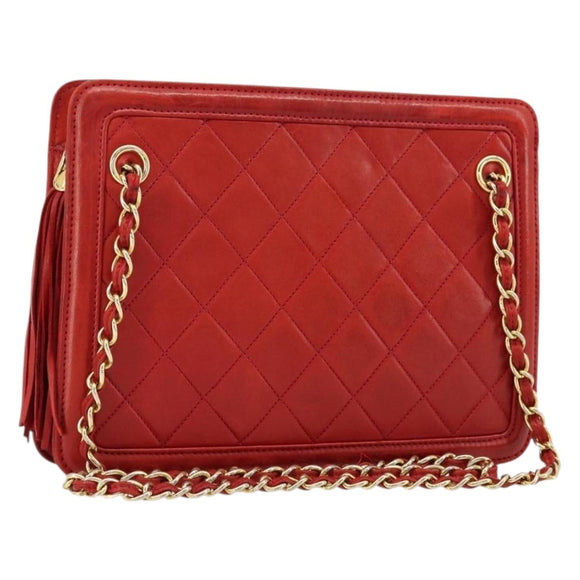 CHANEL Matelasse Chain Shoulder Bag Lamb Skin Red Gold CC Auth 179157A