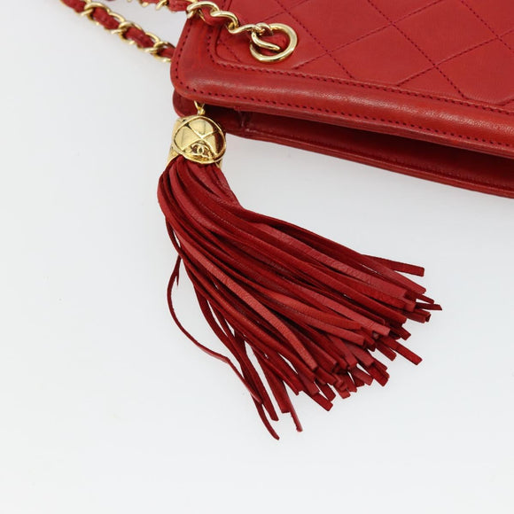 CHANEL Matelasse Chain Shoulder Bag Lamb Skin Red Gold CC Auth 179157A