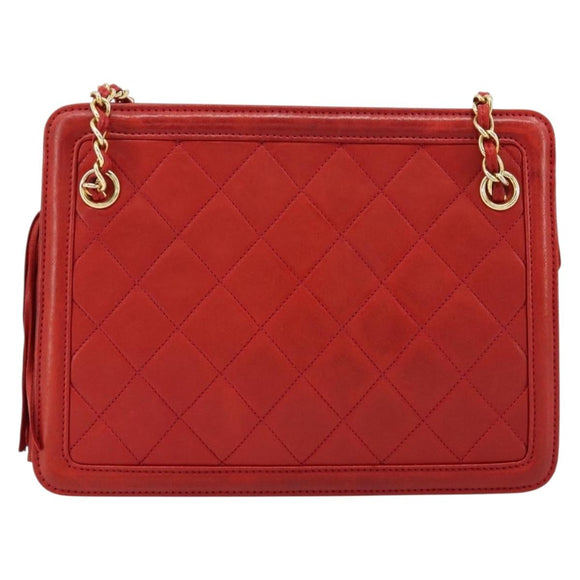CHANEL Matelasse Chain Shoulder Bag Lamb Skin Red Gold CC Auth 179157A