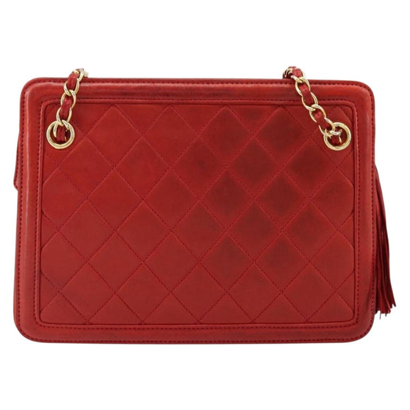 CHANEL Matelasse Chain Shoulder Bag Lamb Skin Red Gold CC Auth 179157A