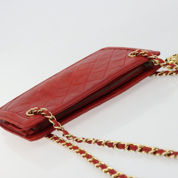 CHANEL Matelasse Chain Shoulder Bag Lamb Skin Red Gold CC Auth 179157A