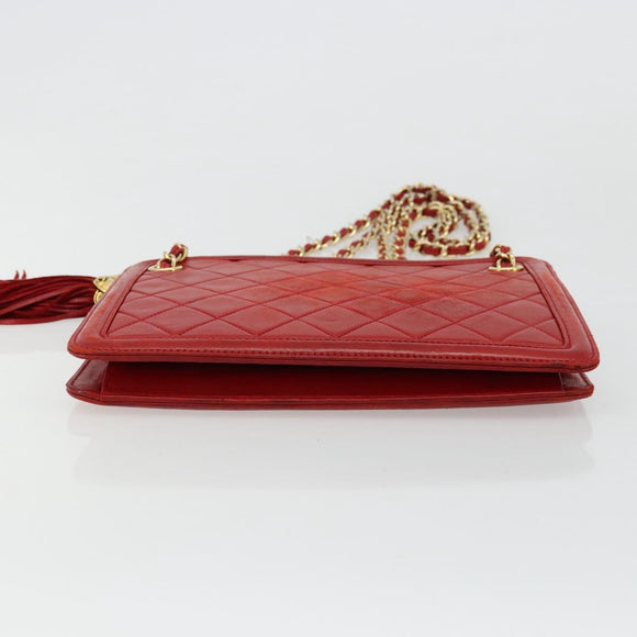 CHANEL Matelasse Chain Shoulder Bag Lamb Skin Red Gold CC Auth 179157A
