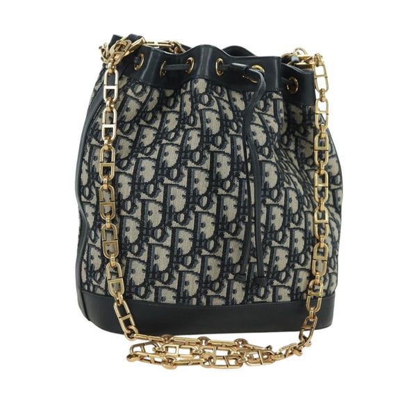 Christian Dior Trotter Canvas Chain Shoulder Bag Navy Gold Auth 179181V