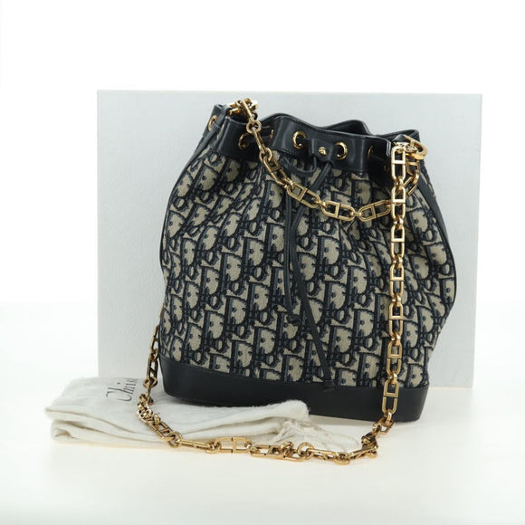 Christian Dior Trotter Canvas Chain Shoulder Bag Navy Gold Auth 179181V