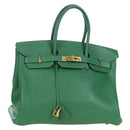 HERMES Birkin 35 Hand Bag Leather Green Gold Auth 179183SAM-1