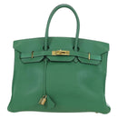 HERMES Birkin 35 Hand Bag Leather Green Gold Auth 179183SAM-2