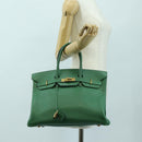 HERMES Birkin 35 Hand Bag Leather Green Gold Auth 179183SAM-23