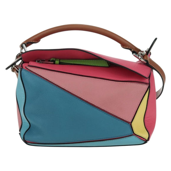 LOEWE Puzzle Bag Small Hand Bag Leather 2way Multicolor Silver Auth 179185SV