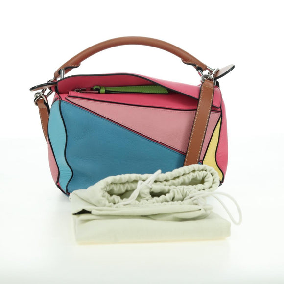 LOEWE Puzzle Bag Small Hand Bag Leather 2way Multicolor Silver Auth 179185SV