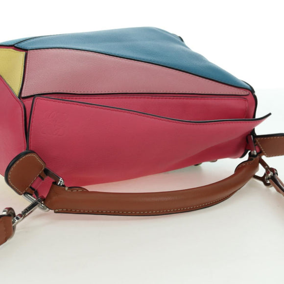 LOEWE Puzzle Bag Small Hand Bag Leather 2way Multicolor Silver Auth 179185SV