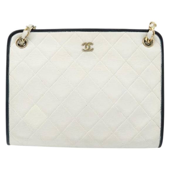 CHANEL Matelasse Chain Shoulder Bag Leather White Gold CC Auth 179186