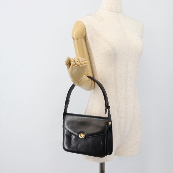 GUCCI Shoulder Bag Leather Black Gold Auth 179201A