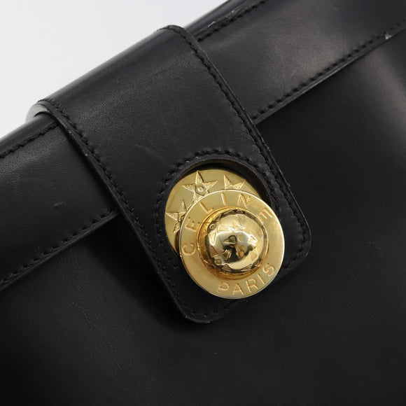 CELINE Vanity Cosmetic Pouch Leather Black Gold Auth 179213