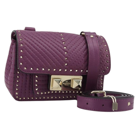 VALENTINO Rock Studs Shoulder Bag Leather 2way Purple Gold Auth 179216A