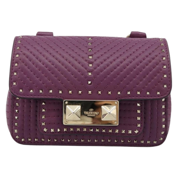 VALENTINO Rock Studs Shoulder Bag Leather 2way Purple Gold Auth 179216A