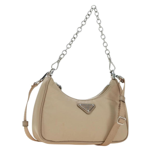 PRADA Shoulder Bag Nylon 2way Beige Silver Auth 179223M