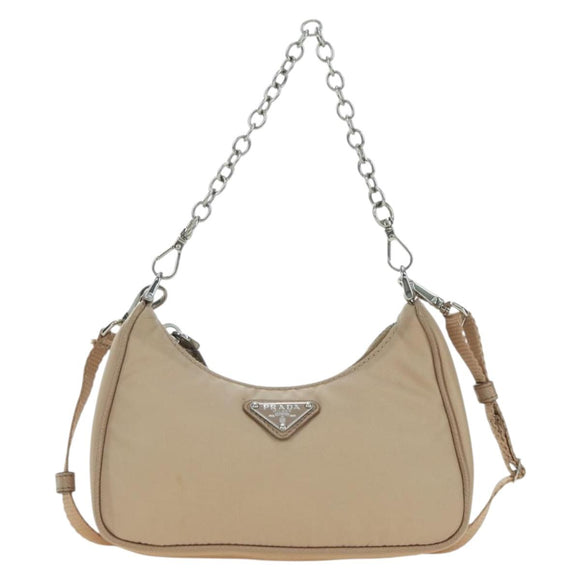 PRADA Shoulder Bag Nylon 2way Beige Silver Auth 179223M