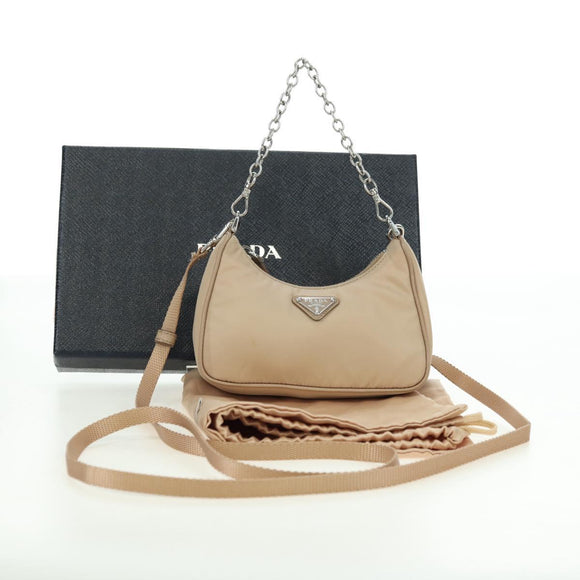 PRADA Shoulder Bag Nylon 2way Beige Silver Auth 179223M