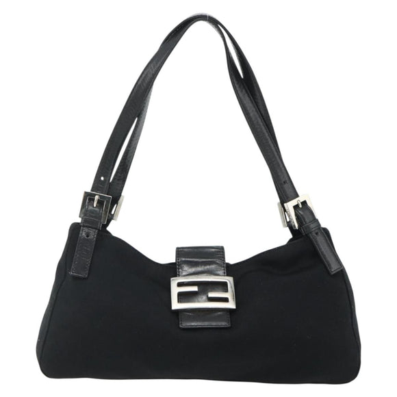 FENDI Mamma Baguette Shoulder Bag Nylon Black Silver Auth 179226