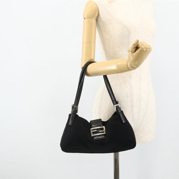 FENDI Mamma Baguette Shoulder Bag Nylon Black Silver Auth 179226