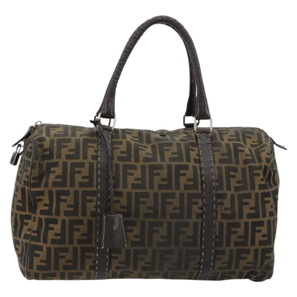 FENDI Zucca Canvas Celeria Boston Bag Black Brown Auth 179230A