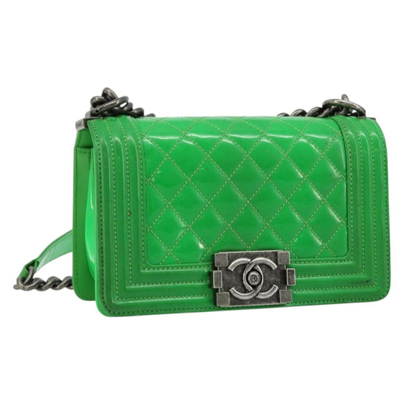 CHANEL Matelasse Chain Shoulder Bag Patent leather Green CC Auth 179242