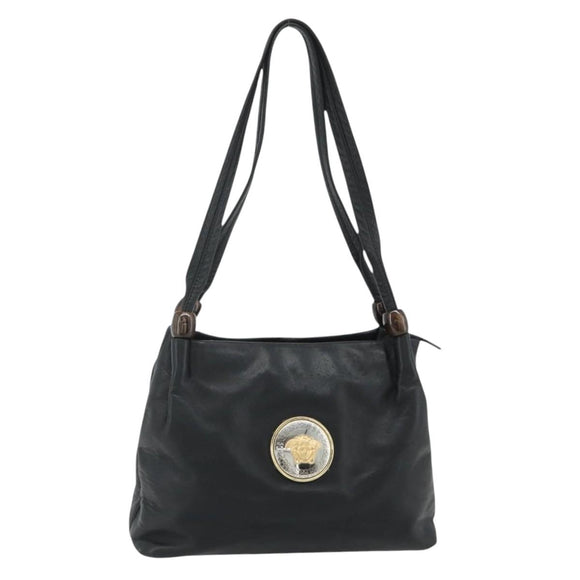 VERSACE Shoulder Bag Leather Black Gold Auth 179275A