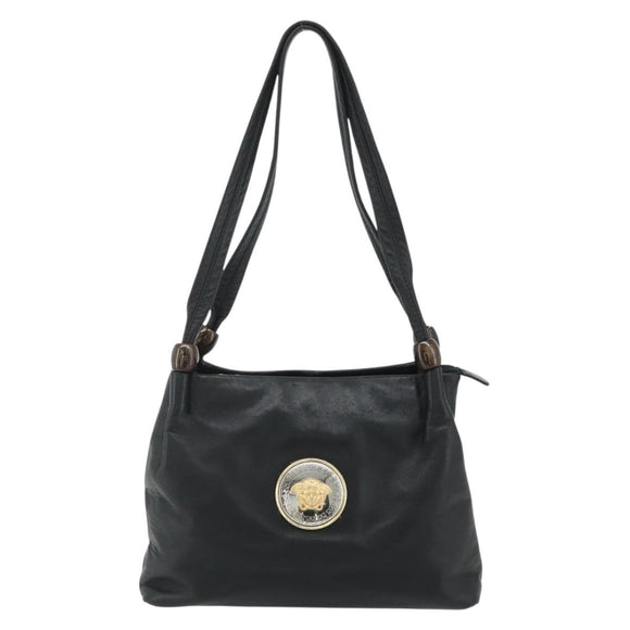 VERSACE Shoulder Bag Leather Black Gold Auth 179275A