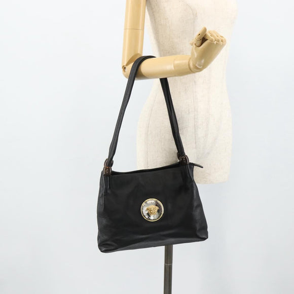 VERSACE Shoulder Bag Leather Black Gold Auth 179275A