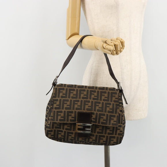 FENDI Zucca Canvas Mamma Baguette Shoulder Bag Black Brown Auth 179280A