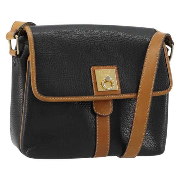 CELINE Shoulder Bag Leather Black Gold Auth 179287