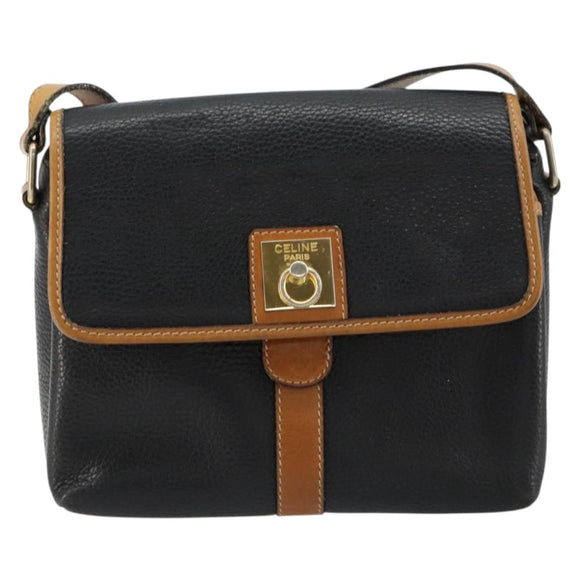 CELINE Shoulder Bag Leather Black Gold Auth 179287