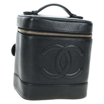CHANEL Vanity Hand Bag Caviar Skin Black Gold CC Auth 179303SAV