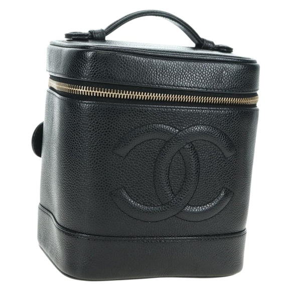 CHANEL Vanity Hand Bag Caviar Skin Black Gold CC Auth 179303SAV