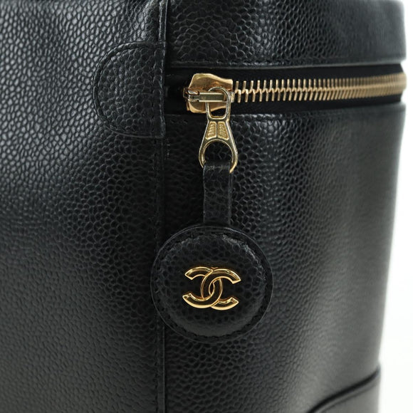CHANEL Vanity Hand Bag Caviar Skin Black Gold CC Auth 179303SAV