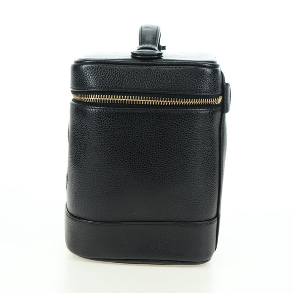 CHANEL Vanity Hand Bag Caviar Skin Black Gold CC Auth 179303SAV