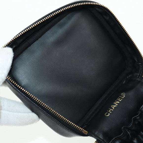 CHANEL Vanity Hand Bag Caviar Skin Black Gold CC Auth 179303SAV