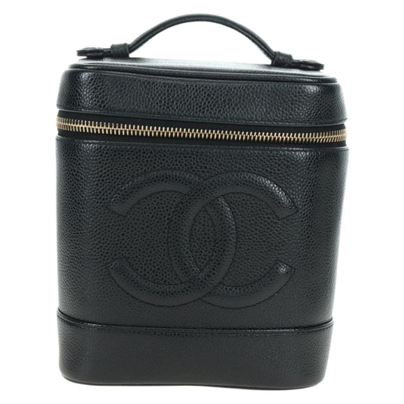 CHANEL Vanity Hand Bag Caviar Skin Black Gold CC Auth 179303SAV