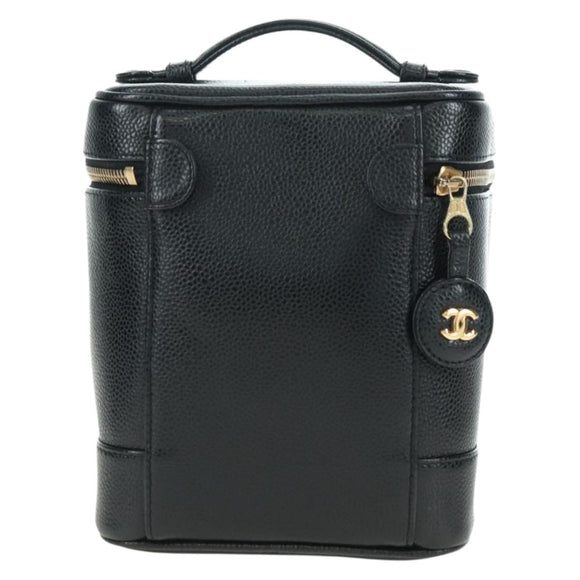 CHANEL Vanity Hand Bag Caviar Skin Black Gold CC Auth 179303SAV