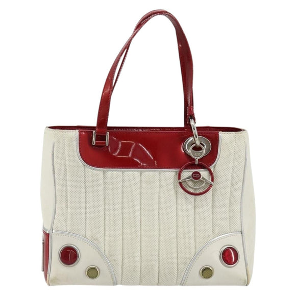 Christian Dior Hand Bag Leather White Silver Auth 179305