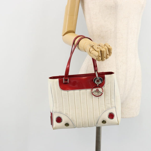 Christian Dior Hand Bag Leather White Silver Auth 179305