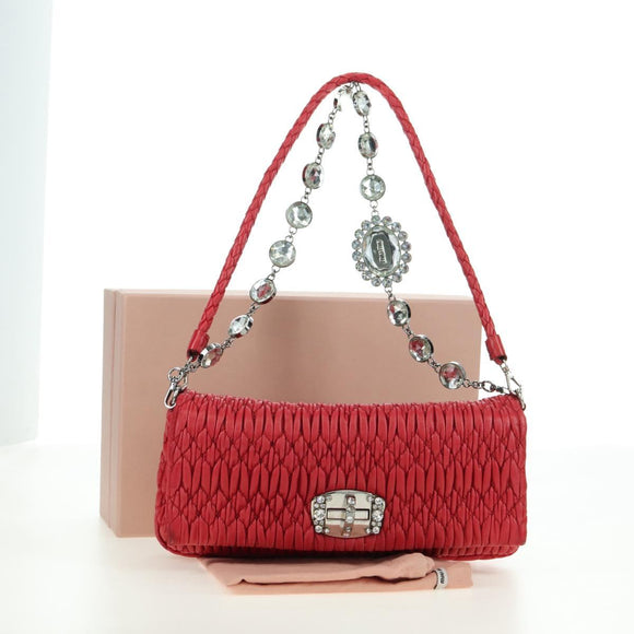 Miu Miu Matelasse Chain Shoulder Bag Leather Red Silver Auth 179306M