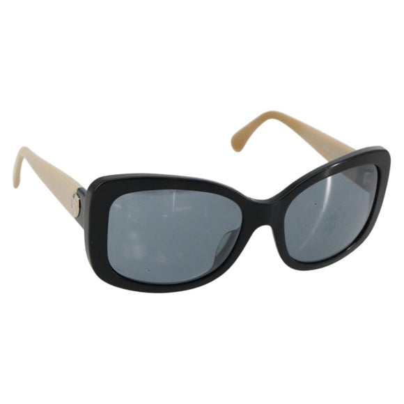 CHANEL COCO Mark Sunglasses plastic Beige Black CC Auth 179322