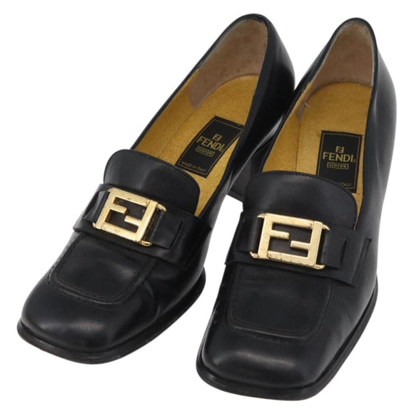 FENDI Loafers Leather 36 1/2 Black Auth 179329