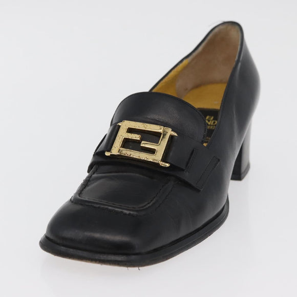 FENDI Loafers Leather 36 1/2 Black Auth 179329
